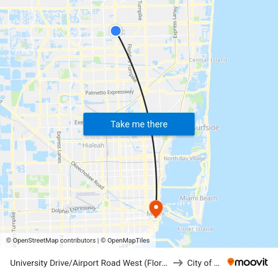 University Drive/Airport Road West (Florida State Hospital) to City of Miami map