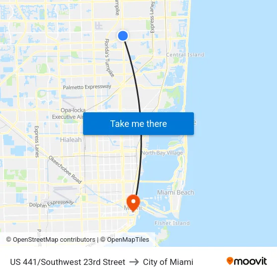 US 441/Southwest 23rd Street to City of Miami map