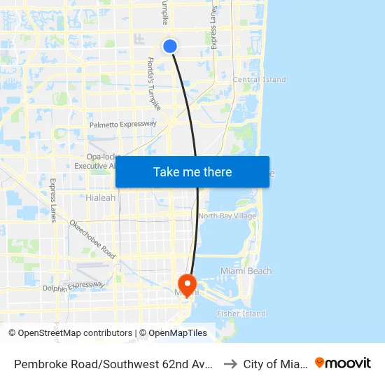 Pembroke Road/Southwest 62nd Avenue to City of Miami map