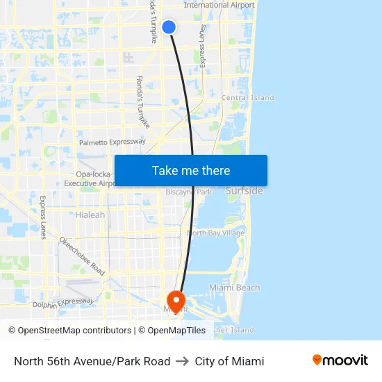 North 56th Avenue/Park Road to City of Miami map