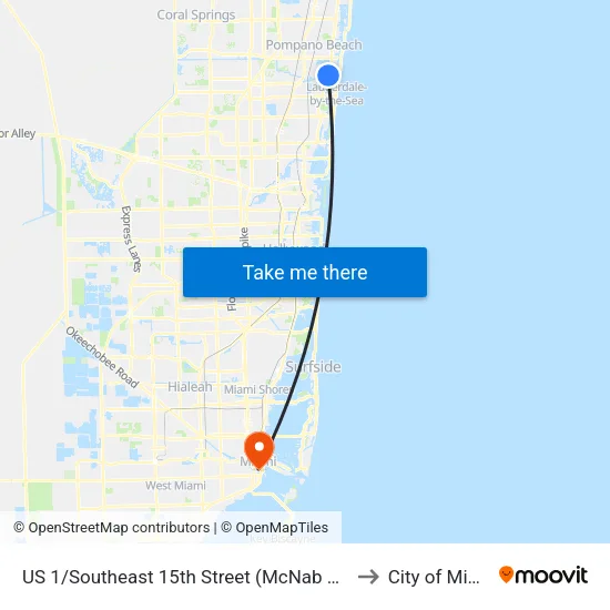 US 1/Southeast 15th Street (McNab Road) to City of Miami map