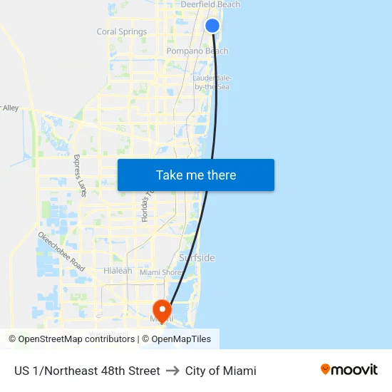 US 1/Northeast 48th Street to City of Miami map