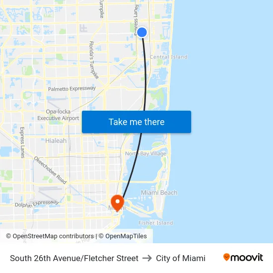South 26th Avenue/Fletcher Street to City of Miami map
