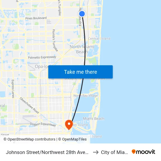 Johnson Street/Northwest 28th Avenue to City of Miami map