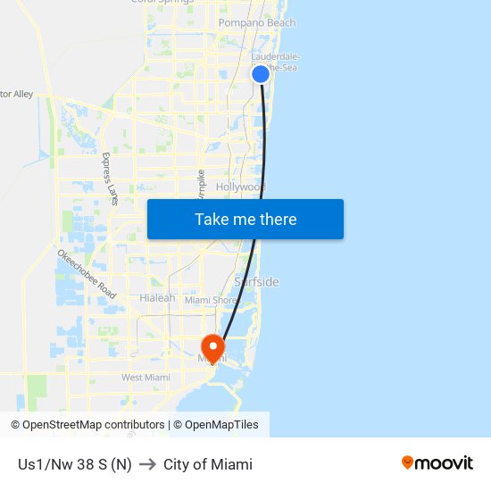 Us1/Nw 38 S (N) to City of Miami map