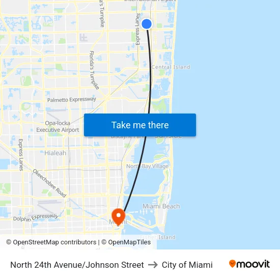 North 24th Avenue/Johnson Street to City of Miami map