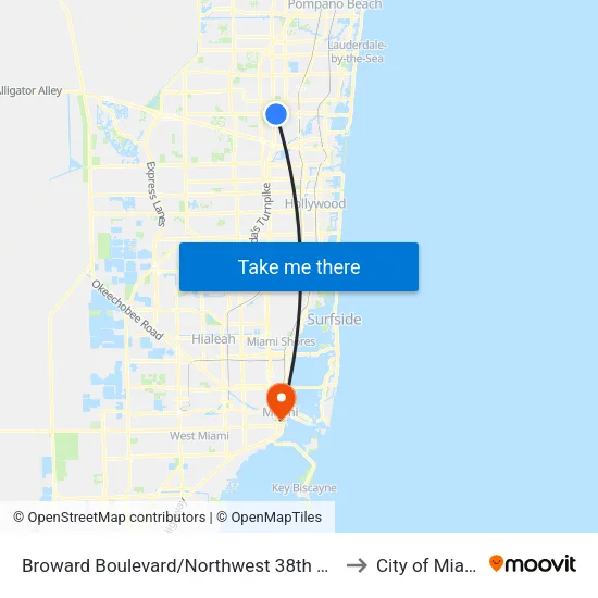 Broward Boulevard/Northwest 38th Way to City of Miami map
