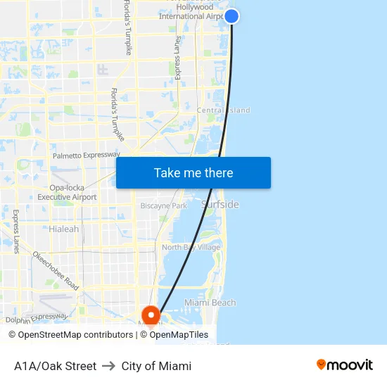 A1A/Oak Street to City of Miami map