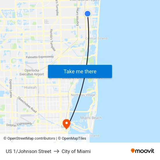 US 1/Johnson Street to City of Miami map