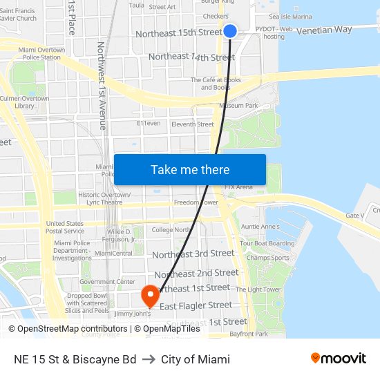 NE 15 St & Biscayne Bd to City of Miami map