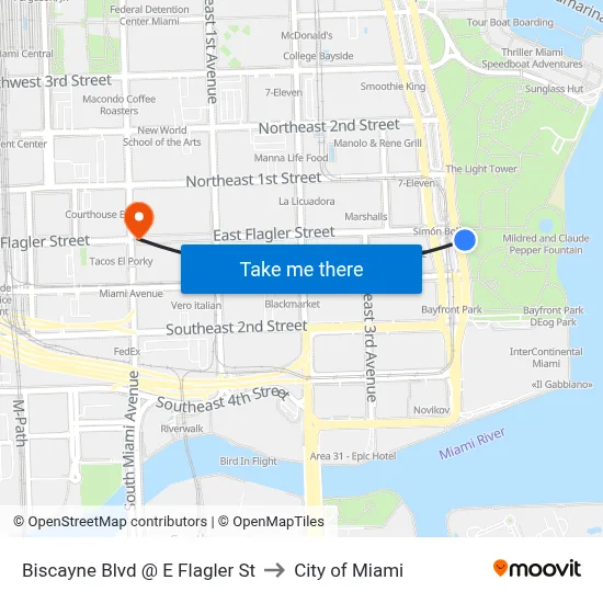 Biscayne Blvd @ E Flagler St to City of Miami map