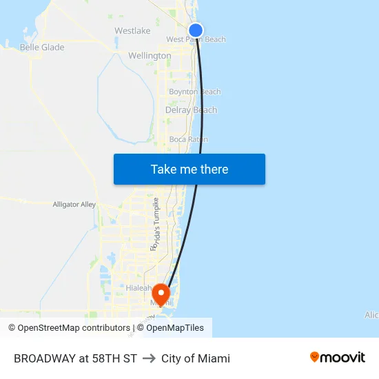 BROADWAY at 58TH ST to City of Miami map