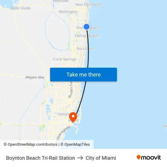 Boynton Beach Tri-Rail Station to City of Miami map