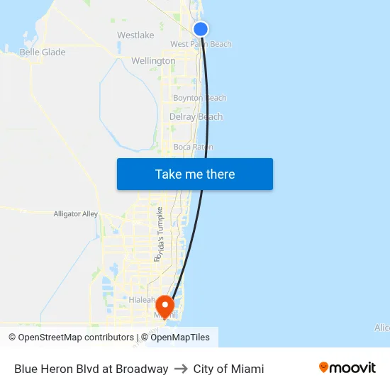 Blue Heron Blvd at Broadway to City of Miami map