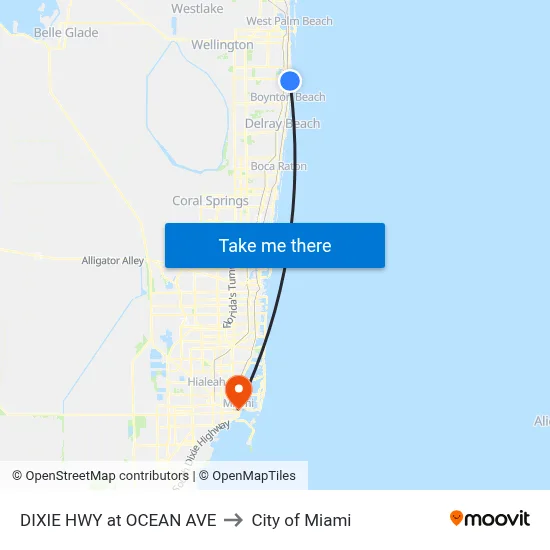 DIXIE HWY at OCEAN AVE to City of Miami map