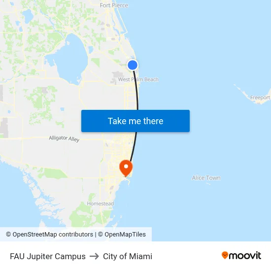 FAU Jupiter Campus to City of Miami map