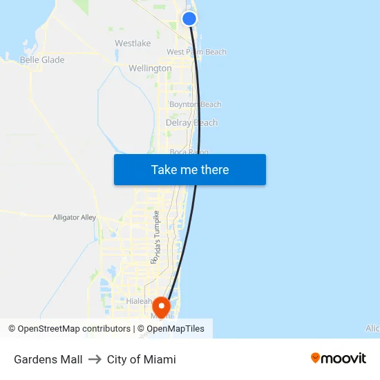 Gardens Mall to City of Miami map