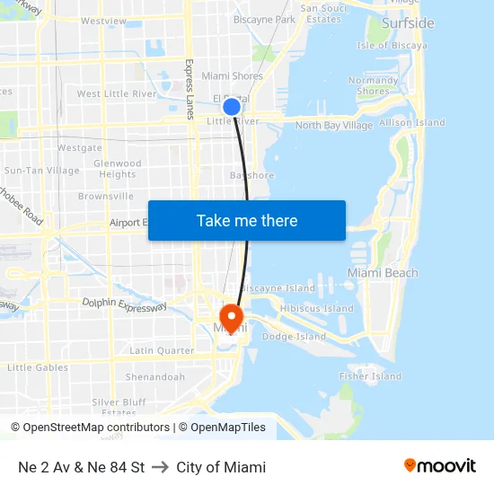 Ne 2 Av & Ne 84 St to City of Miami map