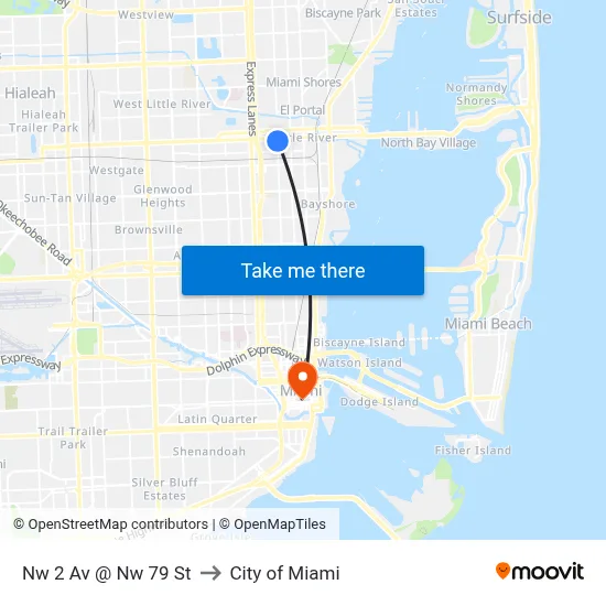 Nw 2 Av @ Nw 79 St to City of Miami map