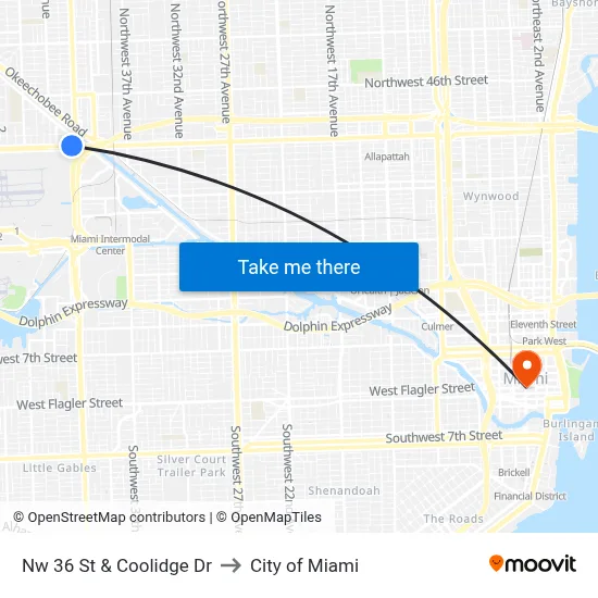 Nw 36 St & Coolidge Dr to City of Miami map