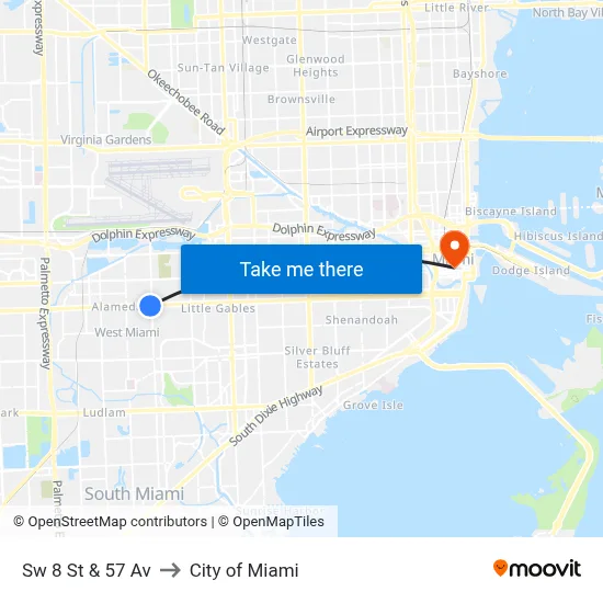 Sw 8 St & 57 Av to City of Miami map