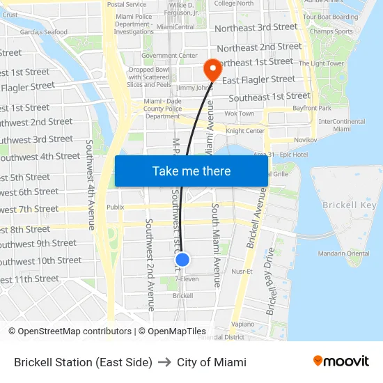 Brickell Station (East Side) to City of Miami map
