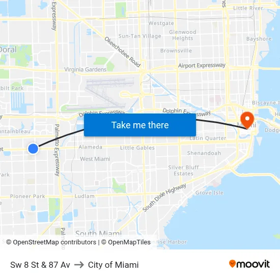 Sw 8 St & 87 Av to City of Miami map