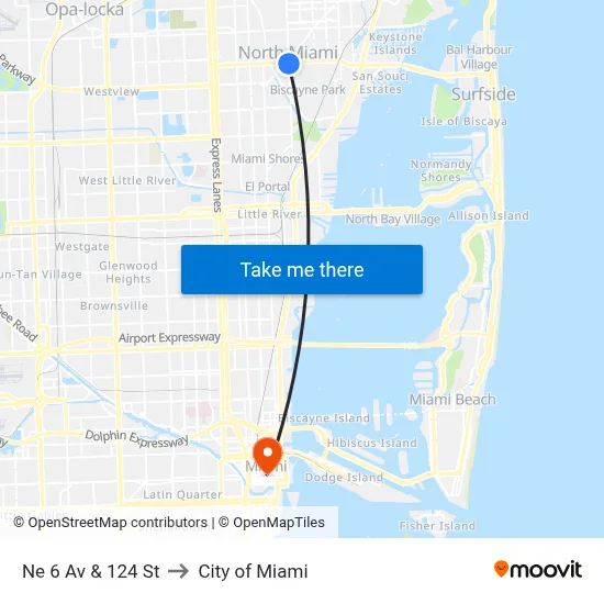 Ne 6 Av & 124 St to City of Miami map
