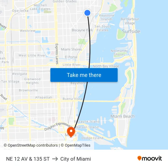 Ne 12 Av & 135 St to City of Miami map