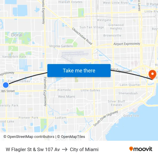 W Flagler St & Sw 107 Av to City of Miami map