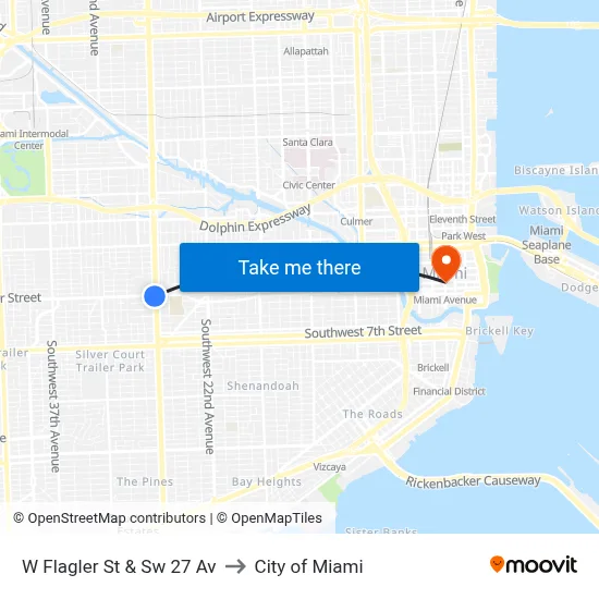 W Flagler St & Sw 27 Av to City of Miami map