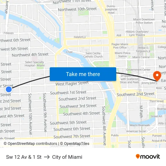 Sw 12 Av & 1 St to City of Miami map