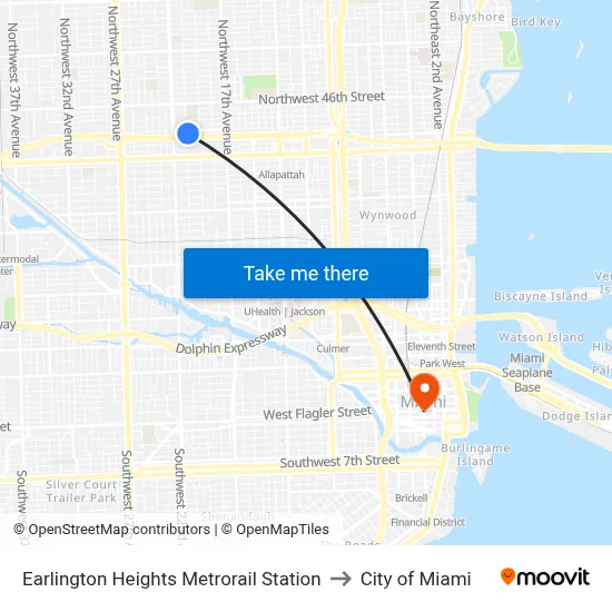 Earlington Heights Metrorail Station to City of Miami map