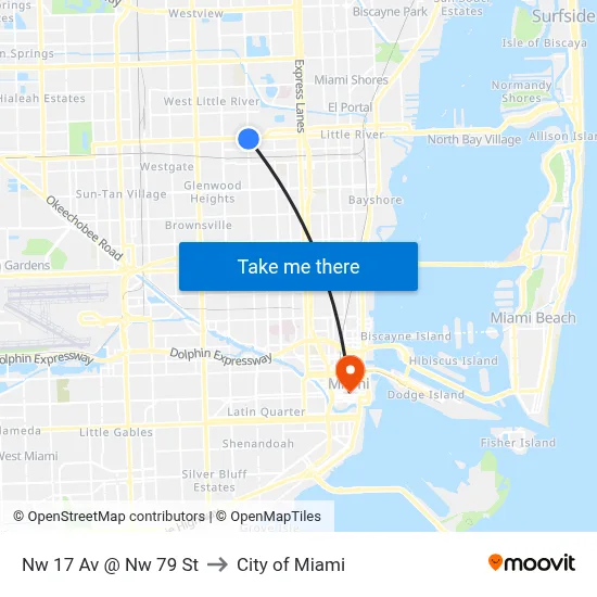 Nw 17 Av @ Nw 79 St to City of Miami map