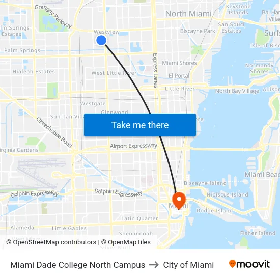 Miami Dade College North Campus to City of Miami map