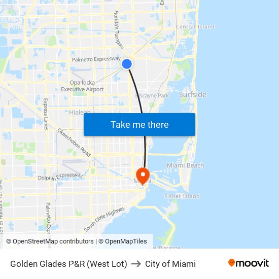 Golden Glades P&R (West Lot) to City of Miami map