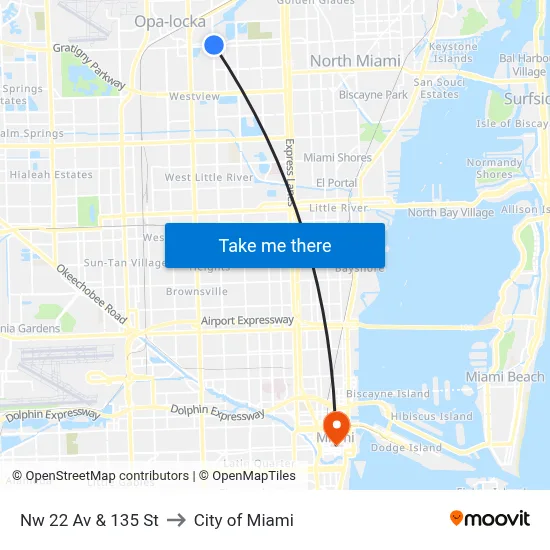 Nw 22 Av & 135 St to City of Miami map