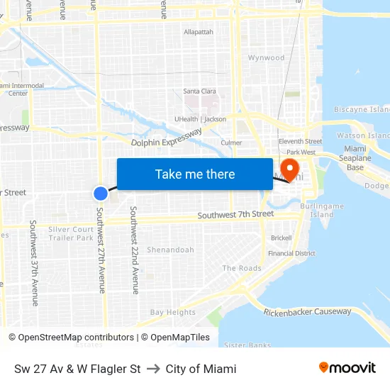 Sw 27 Av & W Flagler St to City of Miami map