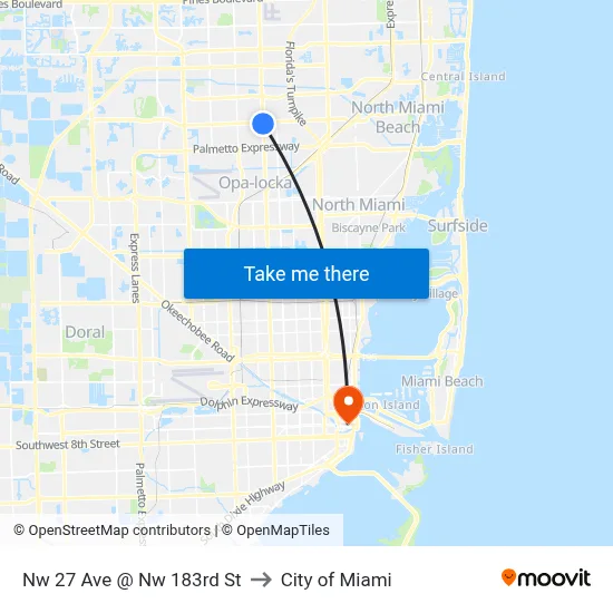 Nw 27 Ave @ Nw 183rd St to City of Miami map