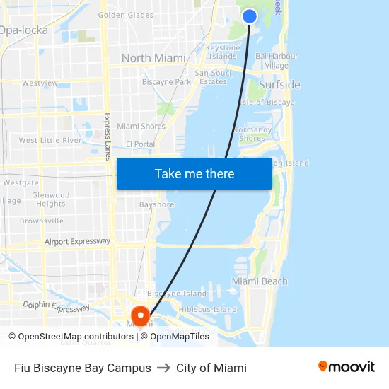Fiu Biscayne Bay Campus to City of Miami map