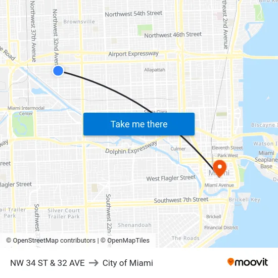Nw 34 St & 32 Ave to City of Miami map