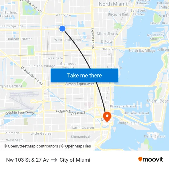 Nw 103 St & 27 Av to City of Miami map