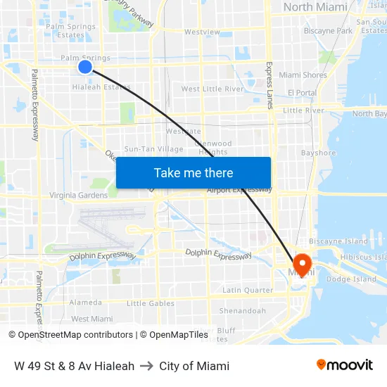 W 49 St & 8 Av Hialeah to City of Miami map