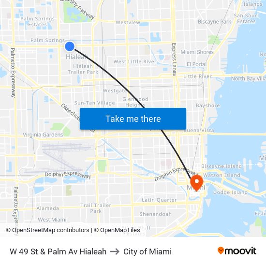 W 49 St & Palm Av Hialeah to City of Miami map