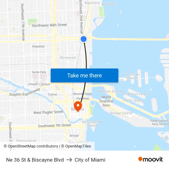 Ne 36 St & Biscayne Blvd to City of Miami map