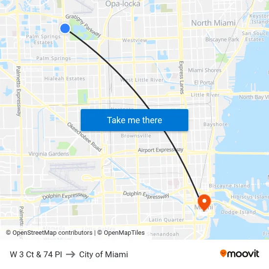 W 3 Ct & 74 Pl to City of Miami map