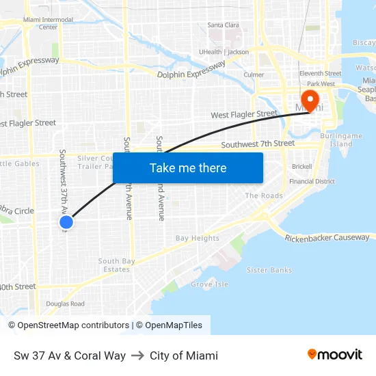 Sw 37 Av & Coral Way to City of Miami map