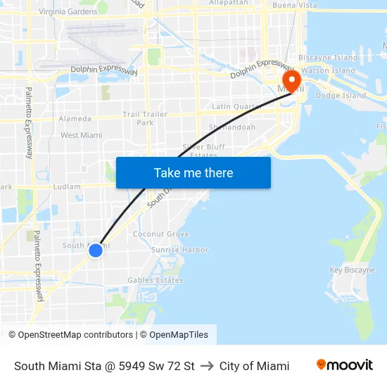 South Miami Sta @ 5949 Sw 72 St to City of Miami map