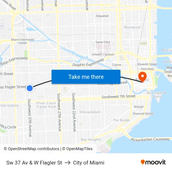 Sw 37 Av & W Flagler St to City of Miami map