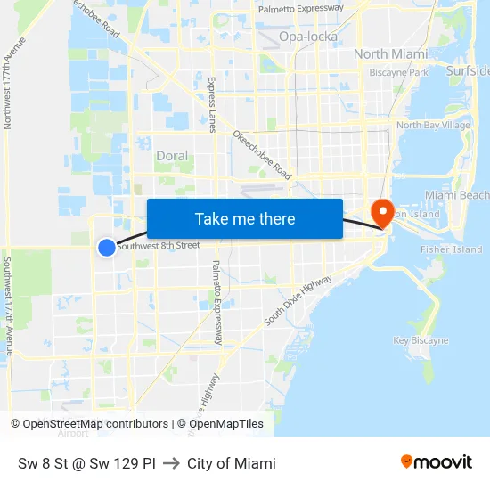 Sw 8 St @ Sw 129 Pl to City of Miami map